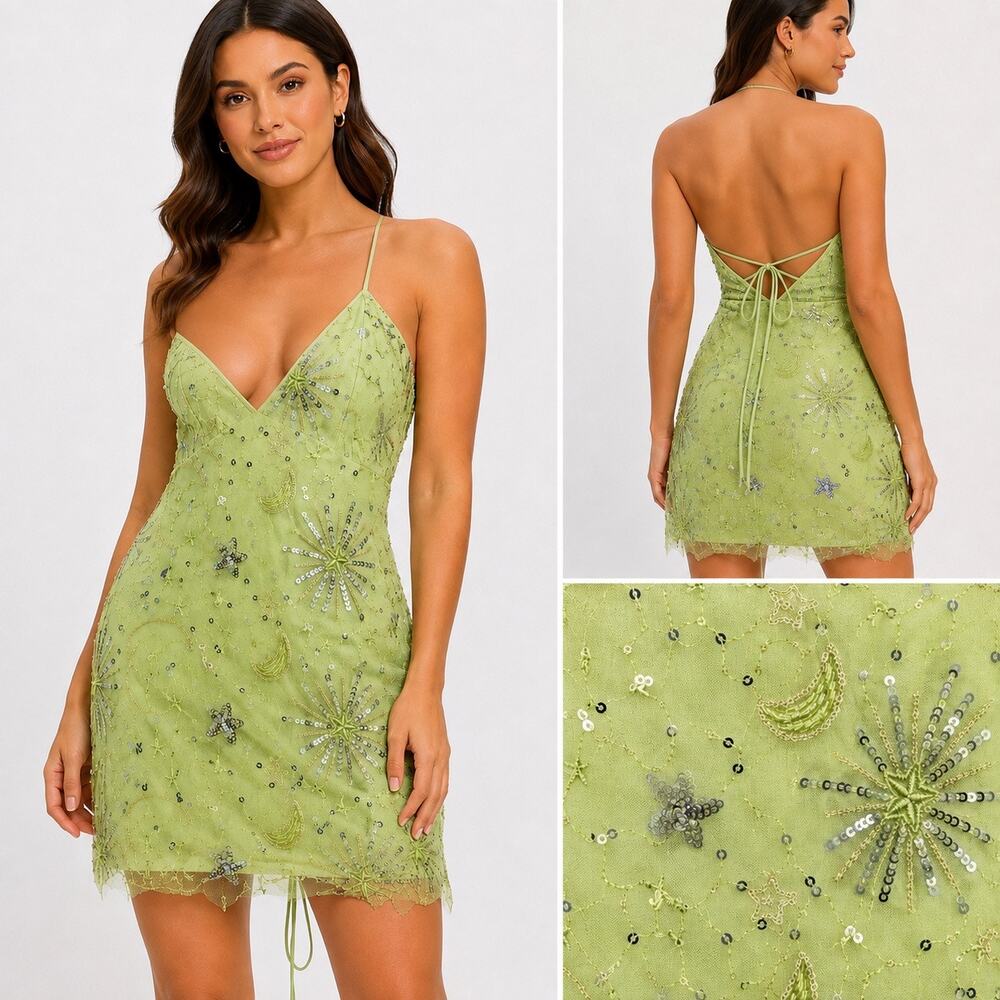 Lime Green Sequin Celestial Mini Dress XL Strappy Backless Embellished
